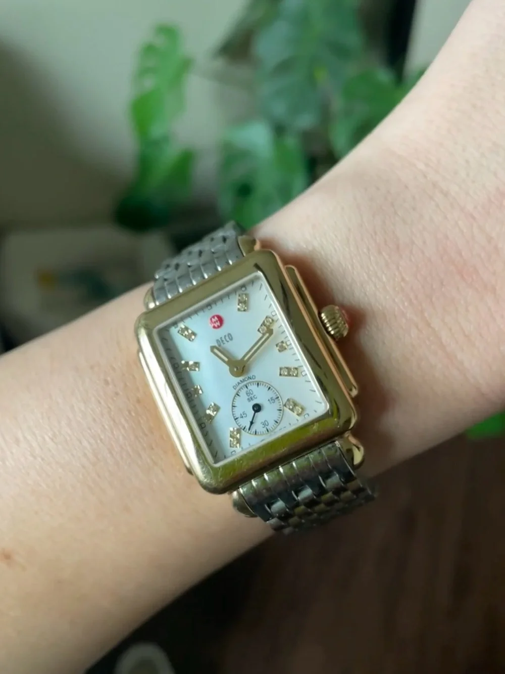 Michele Two-Tone Rectangular Deco Watch with Diamond Markers & Mother of Pearl